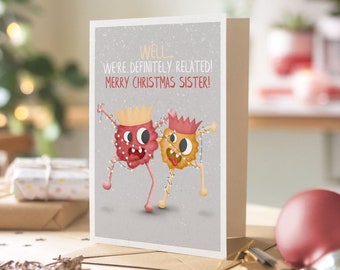 Funny Sister Christmas Card, Merry Christmas Sister, Xmas Cute crazy Monster sister sis card from brother sister, Definitely Related PE50