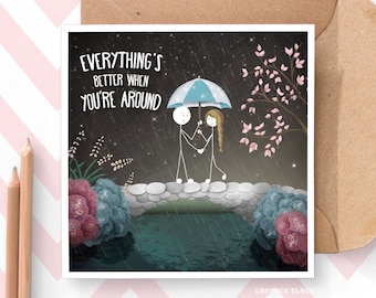 Everything's Better Cute Anniversary Birthday Greeting Card for Wife/Husband/Partner/Girlfriend/Boyfriend Illustrated Stickman Romantic Rain