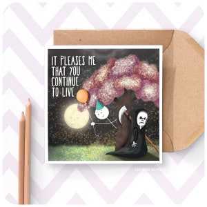 Carte de voeux drôle de joyeux anniversaire de la Faucheuse, sarcastique plein d'esprit goth sombre humour gothique effronté amusement mari femme frère soeur meilleur ami