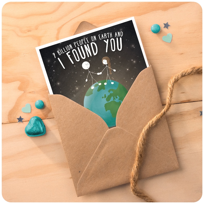 7 Billion Cute Love Greeting Card for Wife Husband Partner Boyfriend Girlfriend Birthday Anniversary Card Quirky Illustrated Stickman Earth image 4