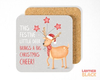 Cute Christmas Coaster Gift, Festive Little Deer, Secret Santa Stocking Filler, Illustrated Poem Merry Xmas Table Mat Decoration Keepsake
