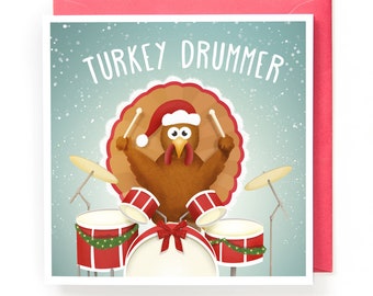 Turkey Drummer Funny Pun Christmas Greeting card, Wordplay Humour Fun Xmas Holidays Drums Music Rock Band Illustration XC06