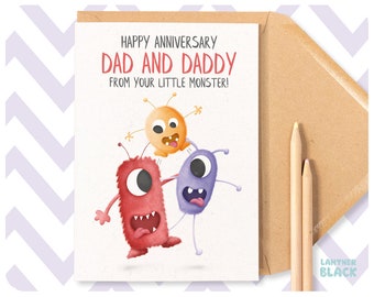 Funny LGBT Anniversary Card, Two Dads Gay Happy Anniversary Dad and Daddy Cute crazy little Monster dad card, From Daughter Son, PE27B