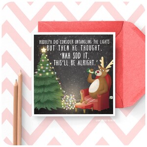 Grappige Tangled Lights-kerstkaart, grappige Rudolph-kerstkaart, kerstboomverlichting Grappige kerstkaart, kerstverlichtingskaart XS28