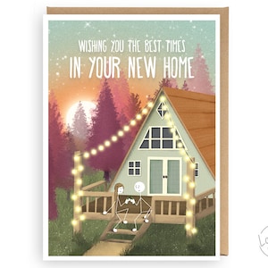 New Home Greeting Card Congratulations for Couple, Happy New Home First Home Moving House Housewarming, Cabin Illustration WW02
