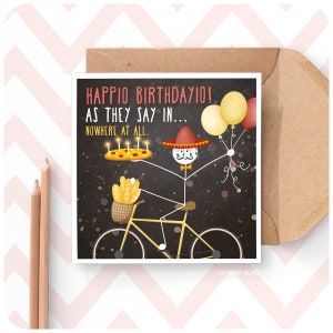 Happio Birthdayio Grappige Gelukkige Verjaardag Wenskaart Pizza Fietsreis Europees Frans Spaans Italiaans Vriend Voor Hem Voor Haar Geïllustreerd