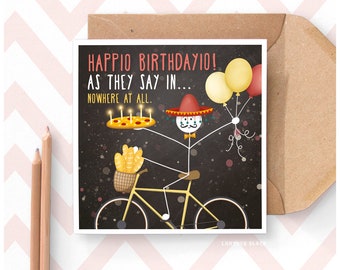 Happio Birthdayio Funny Happy Birthday Greeting Card Pizza Bicycle Travel European French Spanish Italian Friend For Him For Her Illustrated