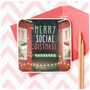 Joyeux distmas sociaux drôle de distanciation sociale carte de vœux autocollant de Noël, voisins amis de longue distance à travers les miles Noël XS32