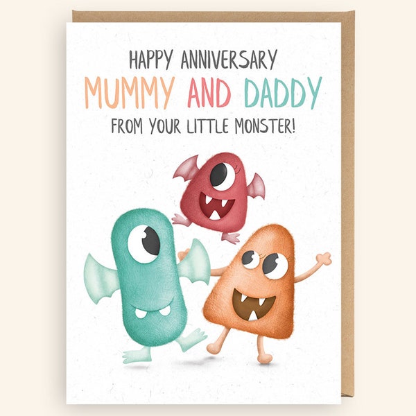 Cute Mummy and Daddy Wedding Anniversary card, Happy Anniversary Parents from Son Daughter, Cute crazy monster From Your Little Monster PE41