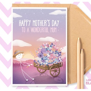 Blumenkarren Wundervolle Mama Happy Muttertag Grußkarte, von Kindern, von uns, Sohn oder Tochter, Hübsche Illustrierte Süße Süße Floral,