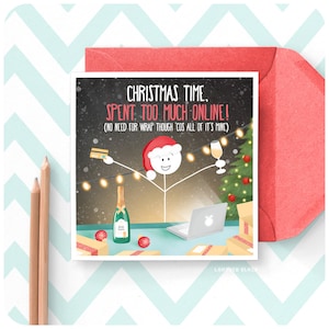 オンラインでの買い物が多すぎた 面白いメリークリスマス グリーティングカード クリスマスタイム ホリデー 詩 韻文 ショッピング 買い物中毒 ユーモア お祝い イラスト XS41B