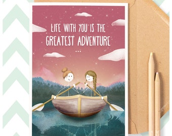 LGBT Happy Anniversary Birthday Love Greeting Card, Wife Girlfriend Partner Lesbian couple Mrs and Mrs, Adventure Travel Couple goals WW01A