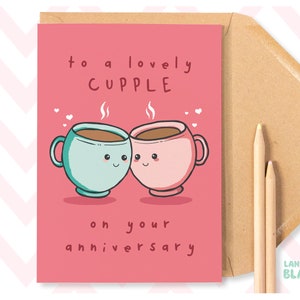 Lovely Cupple, słodka kartka z życzeniami na rocznicę dla pary, ilustracja Pun Kawaii dla miłośników herbaty i kawy, 20. rocznica ślubu w Chinach