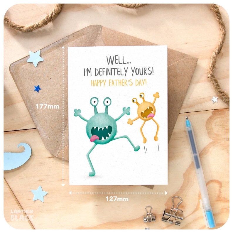 Funny Happy Fathers Day Dad Greeting Card, Cute crazy Monster Illustration dad card from son daughter kids, Definitely Yours PE25 image 3