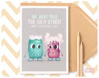 Cute Monsters Valentine’s Day Greeting Card, Wife Girlfriend Boyfriend Husband, Funny Frankenstein Made for Each Other Illustration, PE66