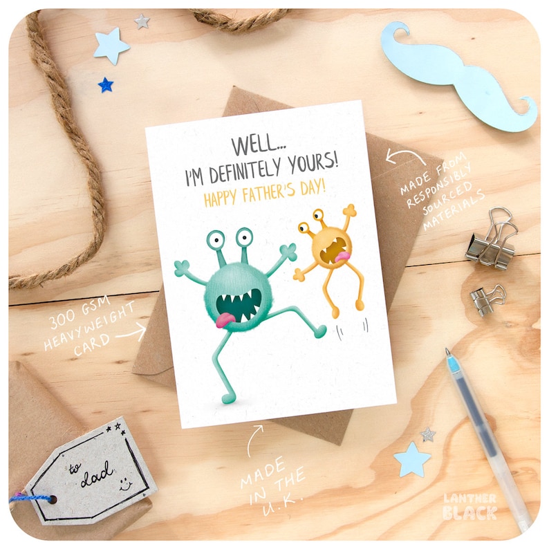 Funny Happy Fathers Day Dad Greeting Card, Cute crazy Monster Illustration dad card from son daughter kids, Definitely Yours PE25 image 2