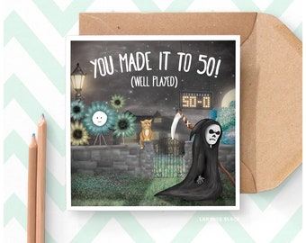 Funny 50th Happy Birthday Greeting Card, Fifty Age Milestone Number, Friend Dad Brother Husband Fun Humour Goth Gothic Grim Reaper Stickman