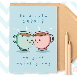 Cupple lindo, tarjeta de felicitación de felicitaciones de boda para pareja, Kawaii Pun Felicitaciones Ilustración Feliz día de la boda