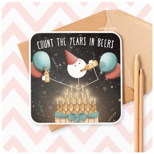 Anos em cervejas Cartão engraçado de feliz aniversário, marido, irmão, pai, 40º, 50º, 60º, bebendo cerveja, ilustrado, humor divertido, SM56