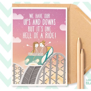 Carte de voeux mignonne pour couple de lesbiennes LGBT One Hell of a Ride, anniversaire, anniversaire, Saint-Valentin, femme, petite amie, partenaire, montagnes russes WW30A