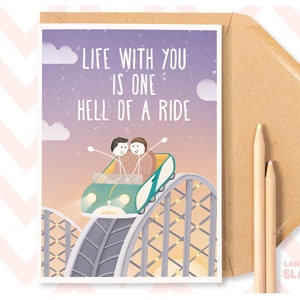Carte de voeux d'amour gay LGBT One Hell of A Ride, anniversaire, Saint-Valentin, mari, petit ami, partenaire, montagnes russes amusantes