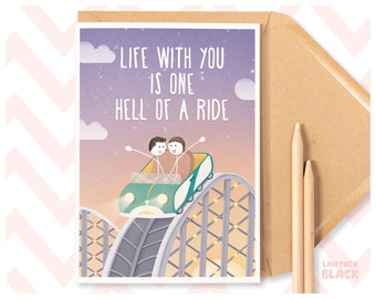 One Hell of A Ride Cute LGBT gay love Greeting Card, Birthday Anniversary Valentine's Day, Husband Boyfriend Partner Fun Rollercoaster