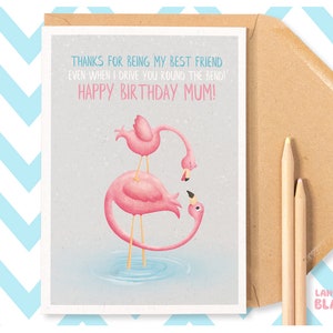 Round the bend Flamingo Lustige Happy Birthday Mama Grußkarte, Süße Beste Freundin Gedicht Mama Karte, Von Sohn oder Tochter, Lustig Frech Illustriert