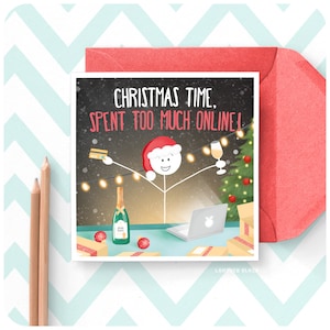 Te veel online doorgebracht Grappige vrolijke kerst wenskaart, kersttijd vakantie gedicht rijm winkelen shopaholic humor feestelijke illustratie XS41