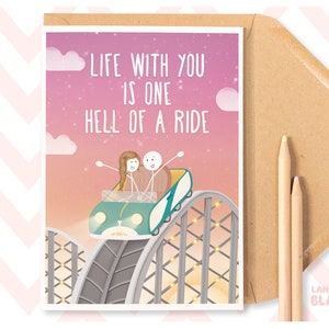Carte de voeux mignonne One Hell of A Ride, anniversaire, Saint-Valentin, femme mari, partenaire, illustration de montagnes russes