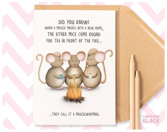 Mousewarming New Home Greeting Card, Cute Mouse Housewarming Congratulations Happy New Home Card, Illustrated Pun Mice Having Tea