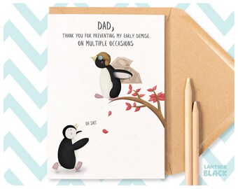 Funny penguins Father's Day dad birthday card, Hero dad thank you Fathers Day cute illustrated Penguins from son or daughter PE10