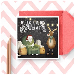 Cartas a Santa Tarjeta de felicitación navideña divertida, Rudolph Papá Noel iPhone Tecnología de texto Humor divertido Broma Tarjeta navideña de Navidad XS25