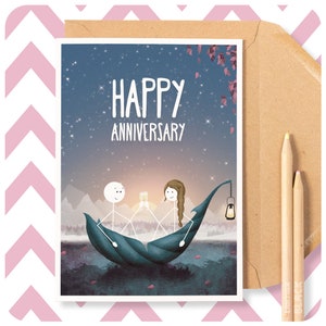 Buon anniversario Carino biglietto di auguri, marito moglie partner coppia anniversario di matrimonio lago barca natura illustrazione carta cotone legno WW07