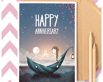 Happy Anniversary Cute Greeting Card, Husband Wife Partner Couple Wedding Anniversary Lake Boat Nature Illustration Paper Cotton Wood WW07