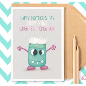 Greatest Creation Funny Happy Mother’s Day Carte de vœux, Mignonne carte maman monstre fou, Des enfants, Fils ou Fille, Fun Cheeky Illustrated