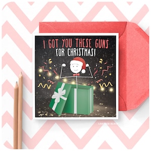 Te tengo estas armas divertida Navidad Stickman tarjeta de felicitación, esposa novia marido novio, fitness músculos gimnasio amante levantador de pesas XS34
