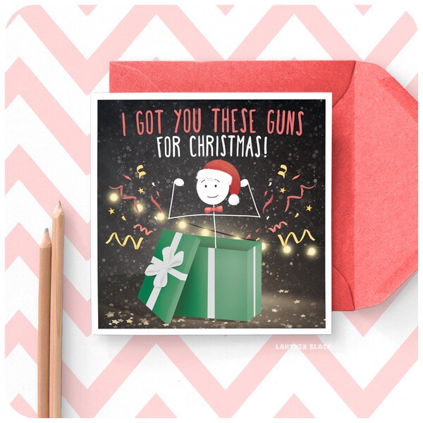 Mam dla Ciebie te pistolety, zabawna świąteczna kartka z życzeniami Stickman, żona, dziewczyna, mąż, chłopak, fitness, mięśnie, siłownia, kochanek, podnoszący ciężary XS34