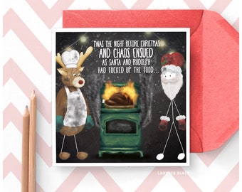 Cena de Navidad Divertida tarjeta de Navidad, Santa Rudolph Descarado grosero Alternativa Vacaciones de Navidad Amigo Stickman F*cked up la comida XS18