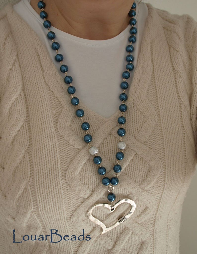 Blue Faux Pearls Necklace with Big Silver Heart