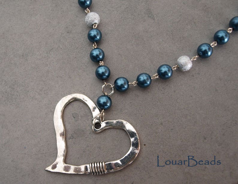 Blue Faux Pearls Necklace with Big Silver Heart