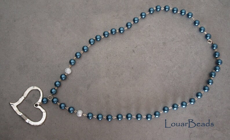 Blue Faux Pearls Necklace with Big Silver Heart
