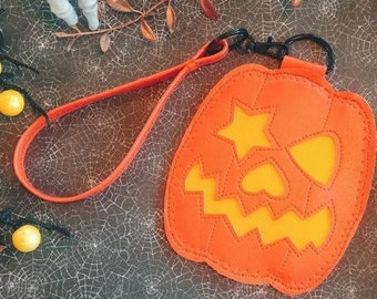 Jack-O-Lantern - One Starry Eye - Orange & Yellow - Carved Pumpkin Coin Purse - Halloween Spooky Cute Creepy Pouch Bag - Handmade Vinyl