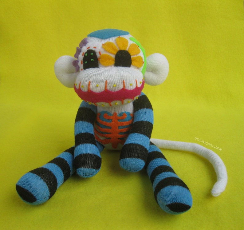 Blue Sugar Skull Sock Monkey DIY Kit White Body Handmade Plush Doll Dia de los Muertos Day of the Dead image 4