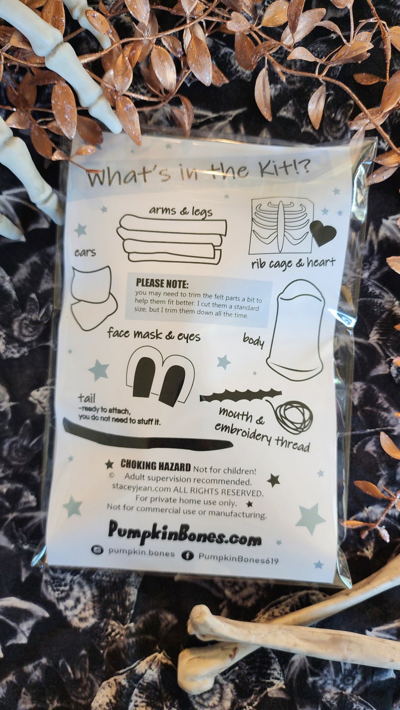 May include: A clear plastic bag containing a craft kit instruction sheet titled What's in the Kit!? with black line drawings of felt parts including arms, legs, a rib cage, heart, ears, face mask, eyes, body, tail, mouth, and embroidery thread.