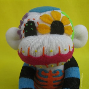 Blue Sugar Skull Sock Monkey DIY Kit White Body Handmade Plush Doll Dia de los Muertos Day of the Dead image 1