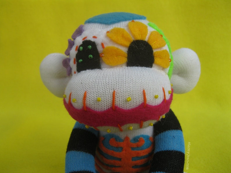 Blue Sugar Skull Sock Monkey DIY Kit White Body Handmade Plush Doll Dia de los Muertos Day of the Dead image 1