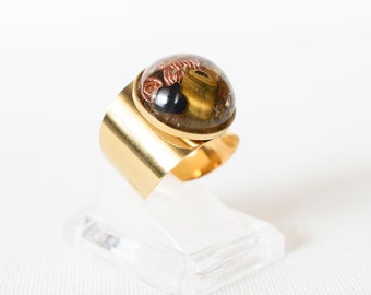 Bague chevalière orgonite multi-pierres, Quartz, Shungite, Œil de tigre, Bijou original-114424