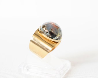 Bague chevalière orgonite multi-pierres, Quartz, Shungite, Aigue-marine, Bijou original-114324