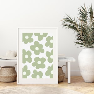 Pastel Green Flowers Print Wall Art Flower Market Poster Digital Aesthetic Botanical Floral Minimalist Danish Daisy Daisies Abstract Decor