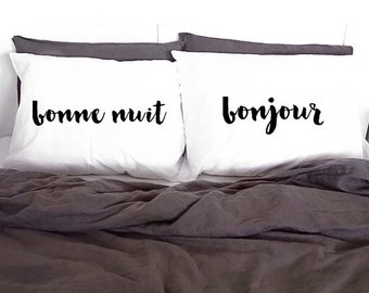 Pillowcases Bonjour Bonne Nuit White Pillow cases 100% Cotton Printed Pillows France Paris Pillow Case Set Cover KYOUSTUFF